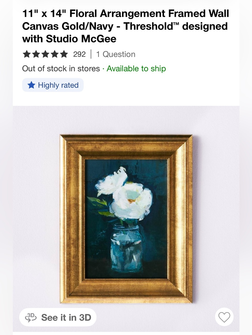 Studio McGee Gold Frame White Floral Canvas on Navy